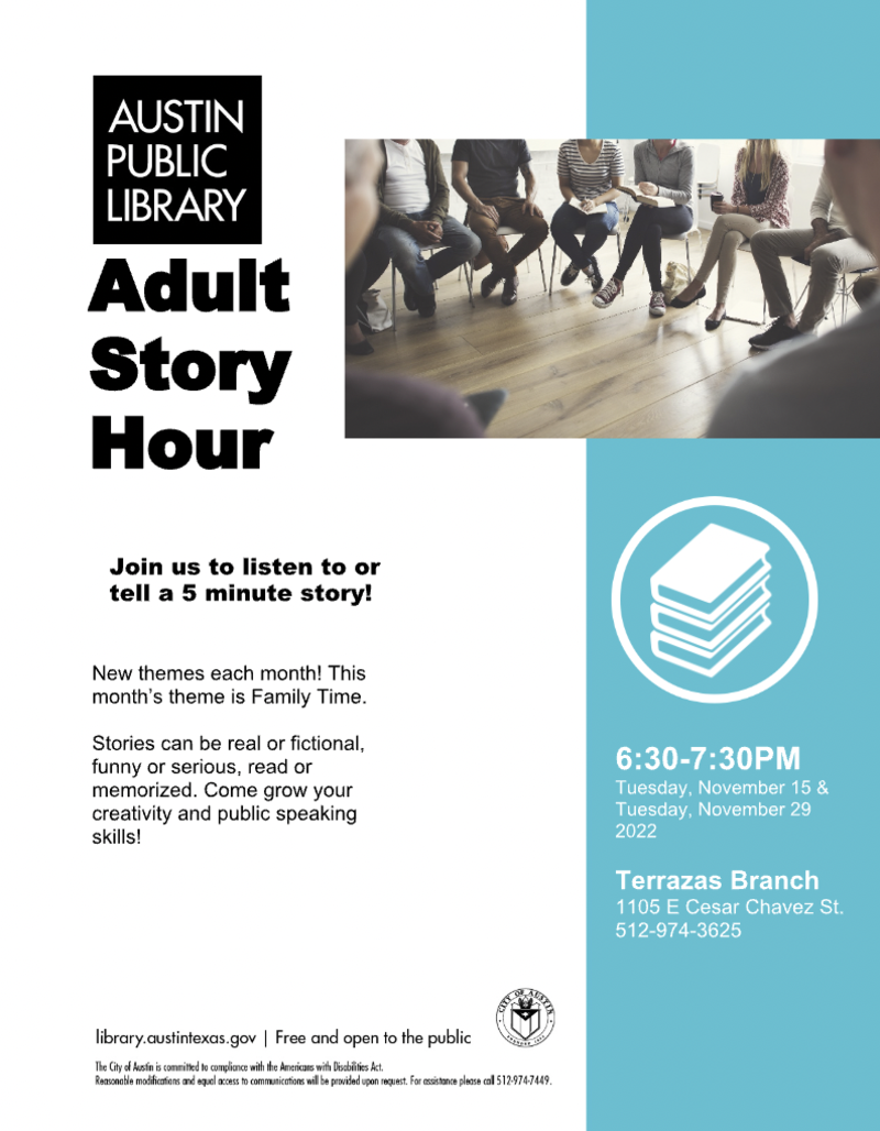 Adult Story Hour in Austin at Austin Public Library Terrazas