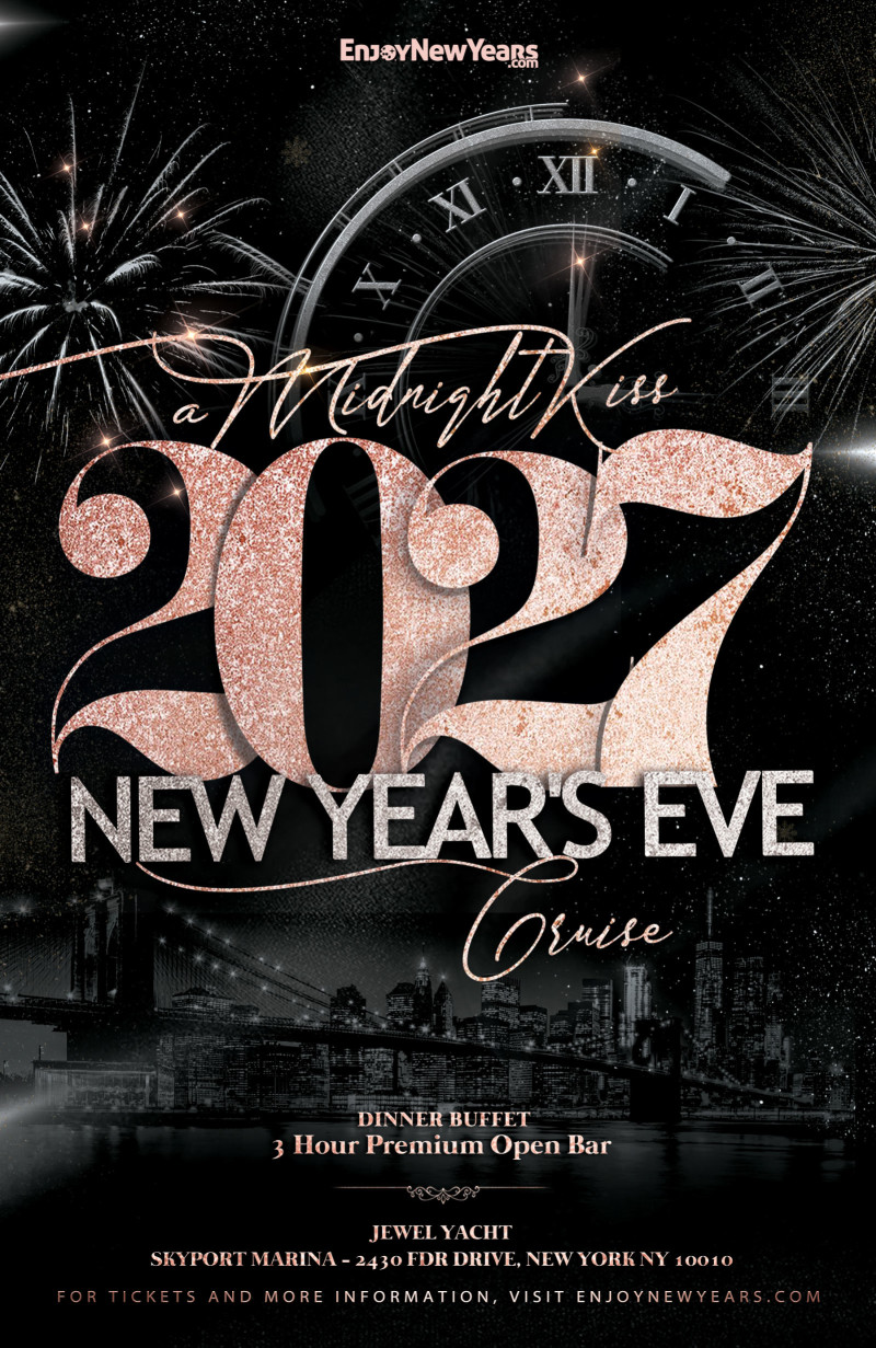 A Midnight Kiss New Year’s Eve Fireworks 2027 Countdown Cruise aboard the Jewel Yacht