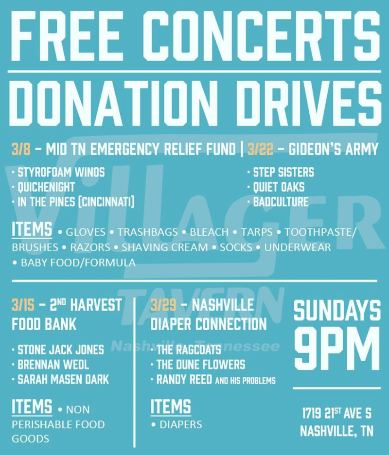 Free Concerts Donation Drive in Nashville at The Villager