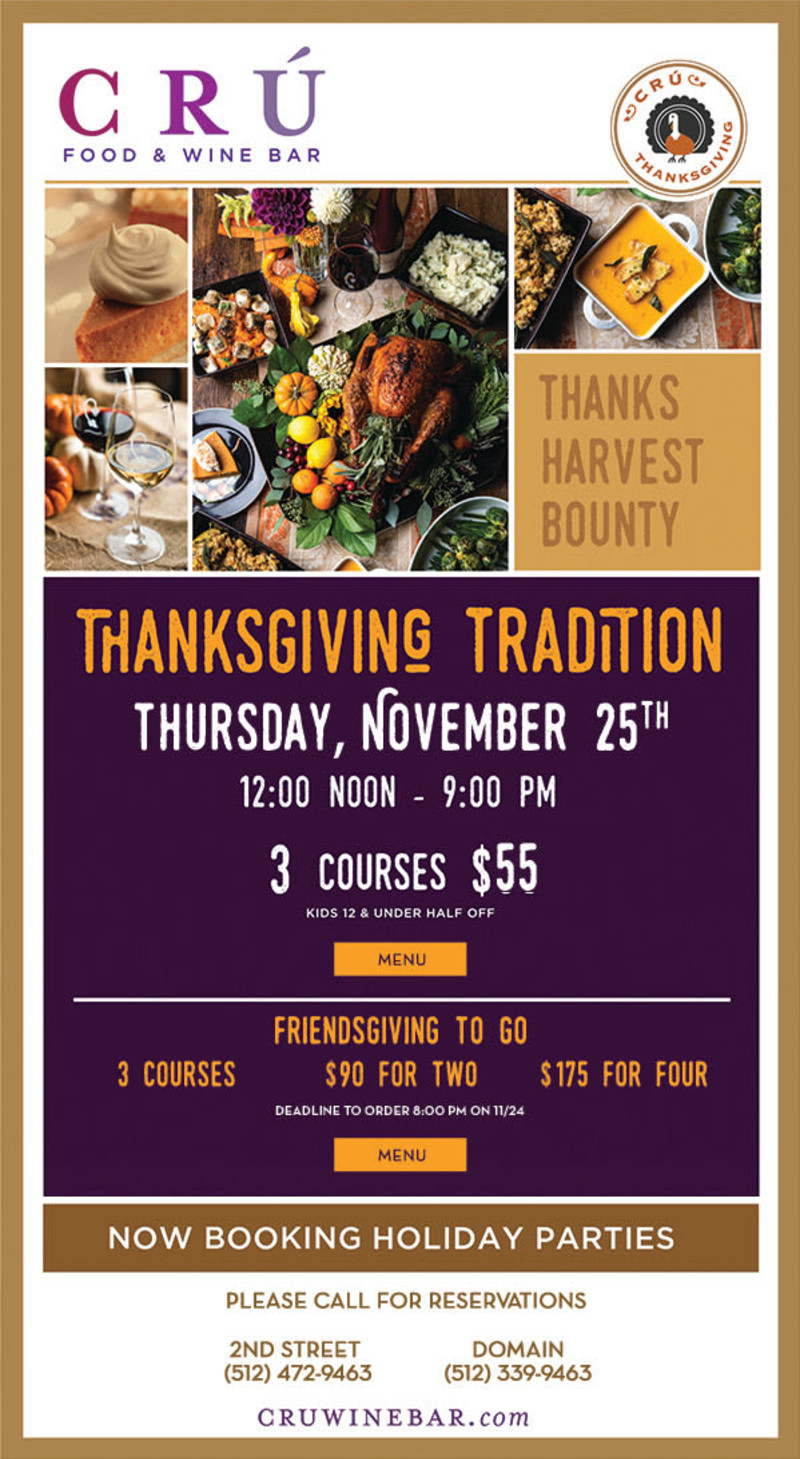Thanksgiving Family Meal in Austin at Cru Wine Bar Domain