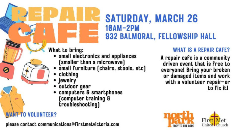 Repair Café Calendrier 2023 Repair Cafe At First Met Church In Victoria At 932 Balmoral Rd